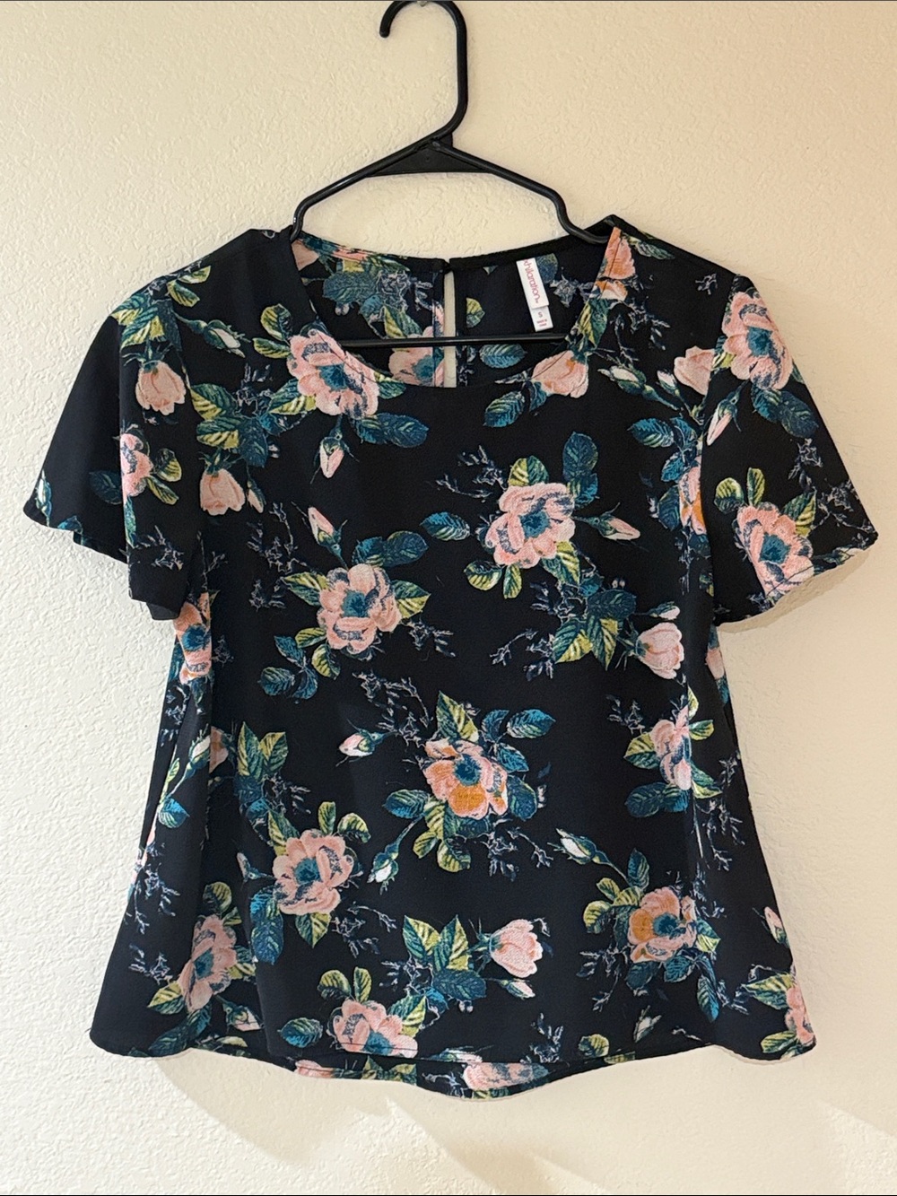 Xhilaration Black Floral Short-Sleeve Blouse with Pink and Green Accents